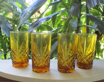 Vintage Amber Glass Drinking Glasses, Cut Crystal Design, Set of 4