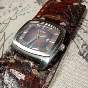 Vintage Fossil Watch JR-8985 Brown Dial with Leather Cuff Band, Leather Watch for Men, Fossil Watch Men, Fossil Watches, Vintage Watch Men