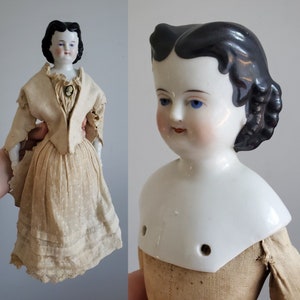 Antique Adelina Patti China Head Doll with Visible Part and Ears 13" Tall - Antique German Dolls - Collectible Dolls