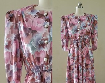 1980s Whirlaway Frocks Floral Shirt Dress 80s Peasant Dress 80's Women's Vintage Size Small