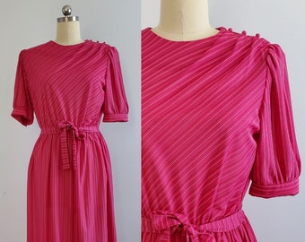 1980s Striped Pink Dress - 80s does 40s Dress - 80's Women's Vintage Size Large