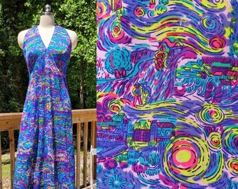 1960s Neon Maxi Dress in Psychedelic Expressionist Style Print 60's Boho Dress 70s Women's Vintage Size Small/Medium