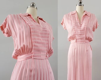 1940s Pink Dress with Attached Belt 40s Day Dress 40's Pinup Dress Women's Vintage Size Small/Medium