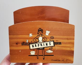 1960s Cedar Napkin Holder with Vintage Diner Scene - Vintage Decor - 60s Home Decor- 60s Kitchen