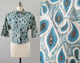 1950s Hand Painted Cotton Blouse 50's Women's Shirt 50s Vintage Size Medium