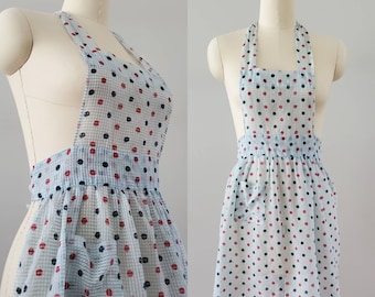 1940s Full Apron in Sheer Waffke Weave and PolkaDots - 40s Kitchen Decor 40's Home Decor