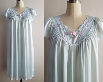 1980's Blue and Pink Nightgown by Shadowline 80's Loungewear Women's Sleepwear Vintage 80s Lingerie Nightie Women's Vintage Size Small