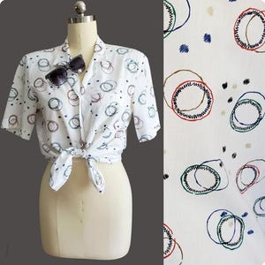 80s Blouse with Abstract Multicolor Print - 80's Shirt - 80s Women's Vintage Size Large