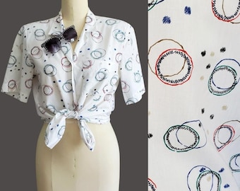 80s Blouse with Abstract Multicolor Print - 80's Shirt - 80s Women's Vintage Size Large