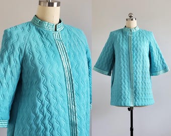 1960s Quilted Robe in Turqoise with Satin Trim - 60s Lingerie - 60sSleepwear -Women's Vintage Size Medium/Large