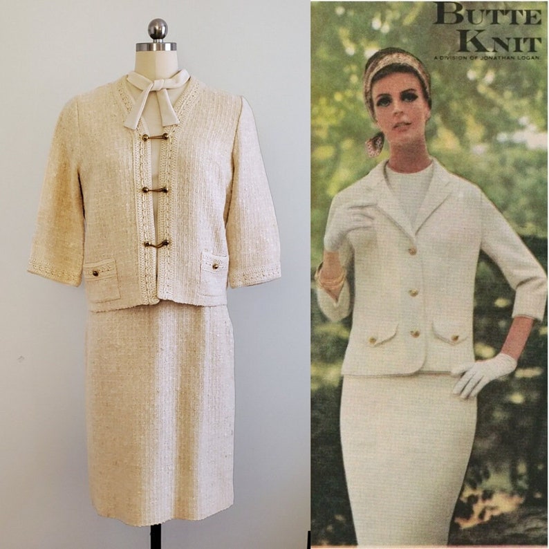 1960s Butte Knit Dress Suit with Skirt, Jacket and blouse Linen Cotton Blend 60s Dress Set 60s Women's Vintage Size Small/Medium image 1