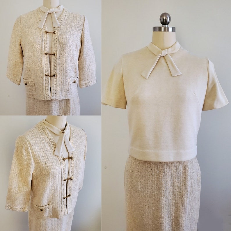 1960s Butte Knit Dress Suit with Skirt, Jacket and blouse Linen Cotton Blend 60s Dress Set 60s Women's Vintage Size Small/Medium image 5