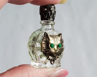 1950s Miniature French Perfume Bottle with Cst Face and Silver and Stone Embellishments - Collectible Bottles - Miniature Bottle