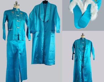 1960s 4PC Lounge Set with Top, Pants, Robe and Slippers - Never Worn - 60s Loungewear - 60s Sleepwear Women's Vintage Size Medium