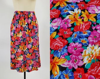 1980s Rayon Floral Skirt by LeDamore 80's Skirt 80s Hippie Skirt Women's Vintage Size Large