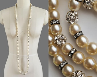 1970s Long Faux Pearl Necklace with Sparkly Rhinestone Accents - 70s does 20s Jewelry - 70s Accessories