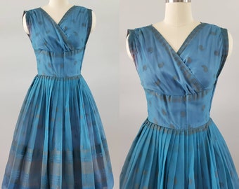 1950's Dress in Blue and Gold 50's  Dresses 50s Women's Vintage Size XS