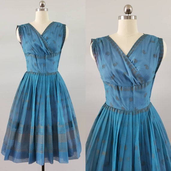1950's Dress in Blue and Gold 50's Dresses 50s Women… - Gem