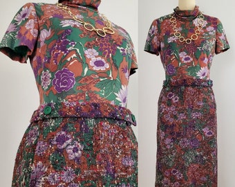 1970s Dress in Floral with Poly Top and Boucle Skirt - 70s Dress - 70s Women's Vintage Size Large