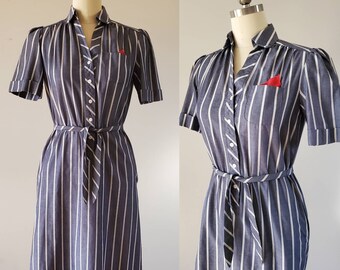 1980's Schrader Sport Striped Dress with Belt and Pockets - 80's Dresses - 80s Women's Vintage Size Medium