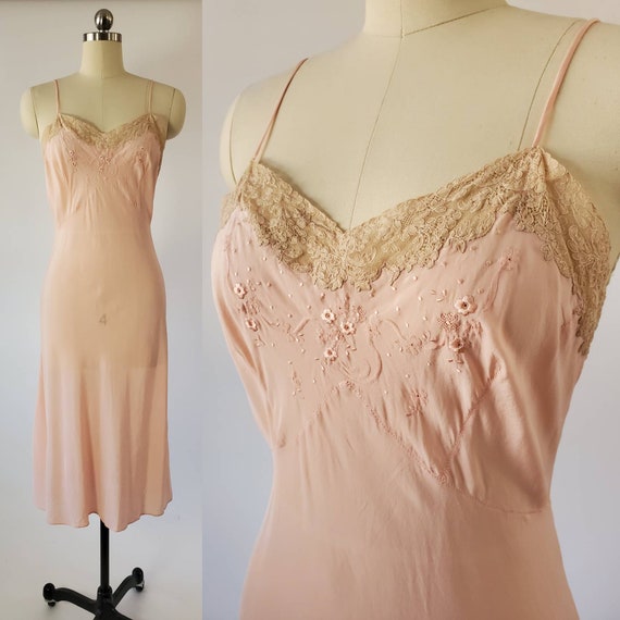 1940s Pink Slip with Beige Lace Trim 40s Lingerie