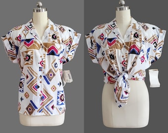 80s Blouse with Southwestern Print - New Old Stock - 80s Shirt - 80s Women's Vintage Size Large