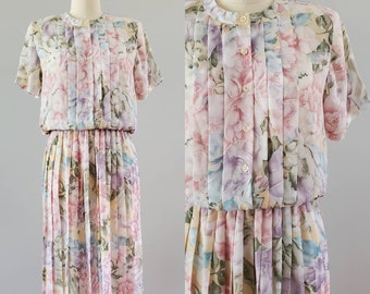 1980s Floral Blouse and Skirt Set by Alfred Dunner 80's Dresses 80s Women's Vintage Size Large