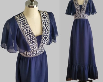 Late 60s Prairie Revival Dress with Cape Sleeves - 60s Maxi Dress - 60s Women's Vintage Size Small