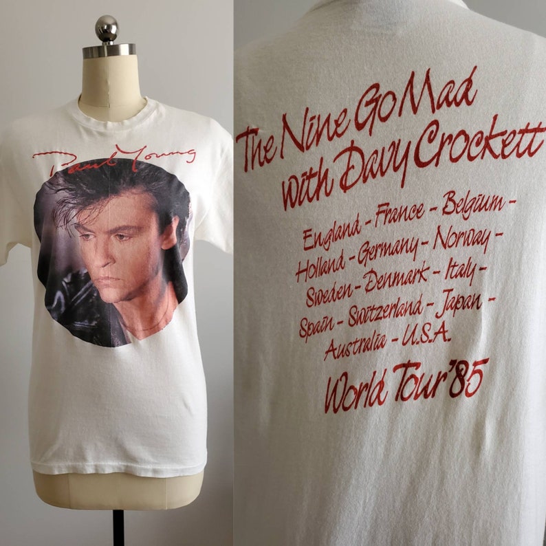 Rare 1985 Paul Young World Tour T-shirt The Nine Go Mad with Davy Crockett 80's Concert Tee 80s Band Tshirt image 1