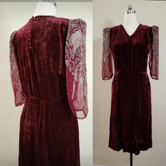 1940s Silk Velvet Dress with Sheer Beaded and Rhin