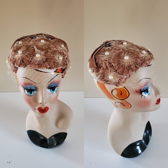 1950s Velvet Casque Hat with Netting and Rhineston