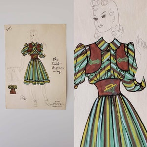 1940s Original Fashion Design Painting - 40s Artwork - 40s Home Decor