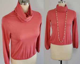 1970s Cowl Neck Blouse with Elastic Waist and Cuffs - 70s Blouse - 70's Women's Vintage Size Medium