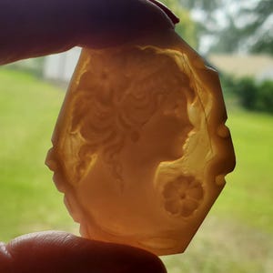 May include: A light-colored cameo pendant with a profile of a woman's face and a flower design. The pendant is held up against a blurred green background. The cameo is a light, translucent color.
