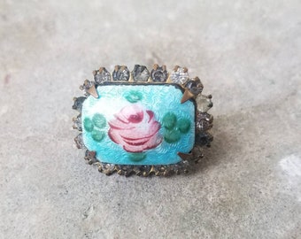 Vintage 1930's Enamel Rose n Rhinestone Brooch 30s Jewelry Vintage Brooch 30's Accessories Vintage Jewelry Something Old Something Blue