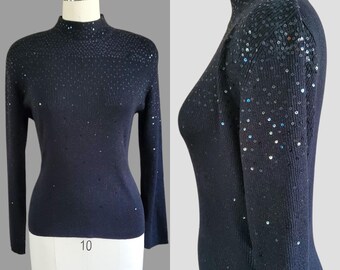 1990s Mock Neck Sweater with Metallic Thread and Iridescent Sequins - 60s Look Vintage Sweater - Women's Vintage Size XL