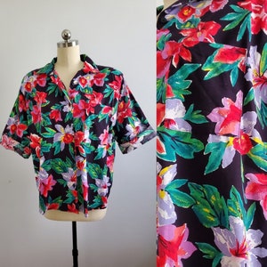 1980s Hawaiian Print Jacke von Michelle Leslie - 80s Resort Wear - 80s Tropical Shirt - Damen Vintage Gr. 2XL