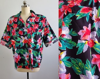 1980s Hawaiian Print Jacket by Michelle Leslie - 80s Resort Wear - 80s Tropical Shirt - Women's Vintage Size 2XL