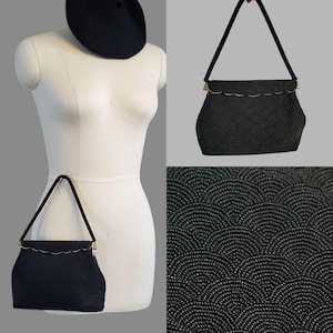 Monedero negro con cuentas de cristal de los años 60 - Accesorios vintage - Bolso de mano de los años 60 - Monedero vintage con asa superior