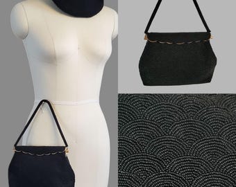 1960s Black Glass Beaded Purse - Vintage Accessories - 60s Handbag - 60s Purse - Vintage Top Handle Purse