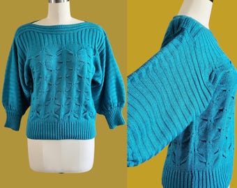 1970s Turquoise Sweater with Large Sleeves - Savion by Ignacy Feuer Sweater - NOS 70s Chunky Sweater - 70s Women's Vintage Size M/L