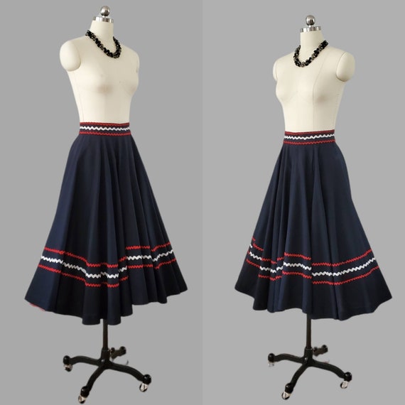 1950s Cotton Circle Skirt with Red and White Rickrack… Gem