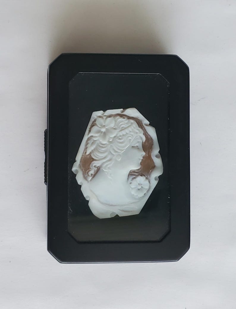 May include: A black rectangular jewelry box with a white cameo of a woman's profile. The cameo is set against a brown background and features intricate details of the woman's hair and floral accents.