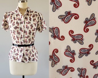 1970s Paisley Blouse by Devon with a 1940s Silhouette - 70s Vintage Blouse - 40s Style Blouse - 70s Women's Vintage Size Medium