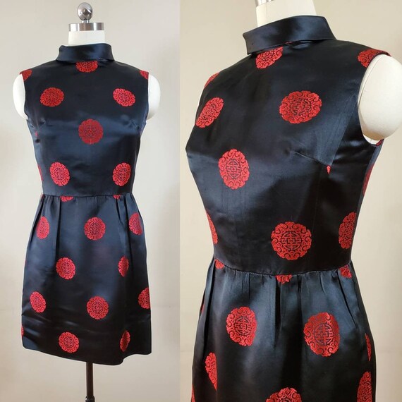 1960's Satin Brocade Dress in Asian Theme 60's Pin