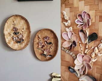 Vintage Hand Made Shell Flowers on Bamboo Trays Wall Hangings 60s Home Decor 60's Shell Art
