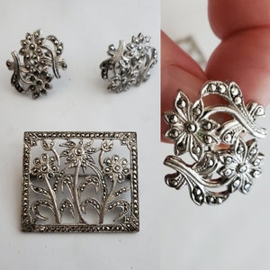 Vintage Sterling Silver and Marcasite Floral Pin and Earring Set Mid-century Jewelry Vintage Accessories image 1