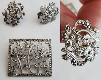 Vintage Sterling Silver and Marcasite Floral Pin and Earring Set - Mid-century Jewelry - Vintage Accessories