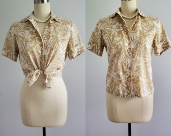 70s Khaki Floral Blouse by Blair - 70s Button Down Shirt - 70s Women's Vintage Size Large
