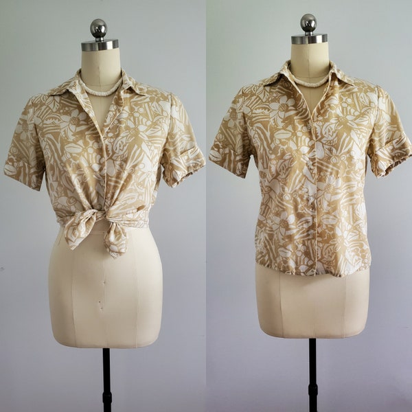 70s Khaki Floral Blouse by Blair - 70s Button Down Shirt - 70s Women's Vintage Size Large